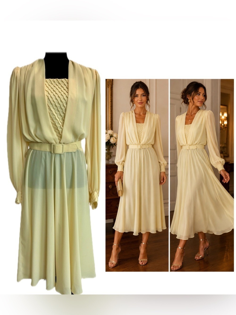 Elegant Cream Long-Sleeve Belted Dress